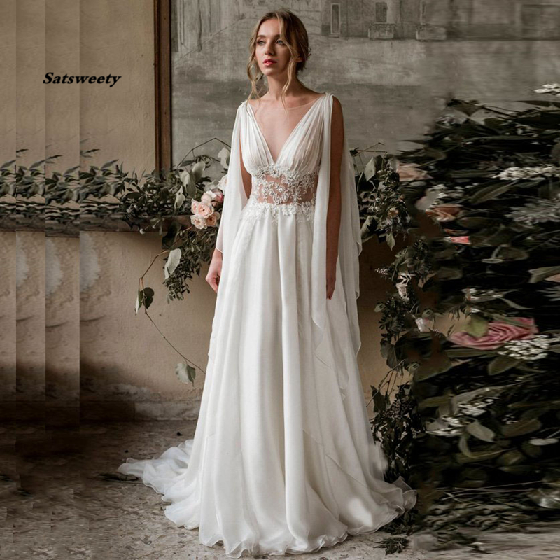 

Beach Wedding Dress Cap Sleeve A-Line Chiffon Appliques Lace Princess Bride Dresses Arabic Gown, Light sky blue