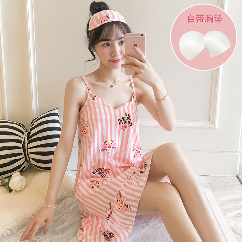 

2020 Summer Sexy Strap Strawberry Nightgown Milk Ribbon Fixed Chest Pad Nightgown Skirt, Blue