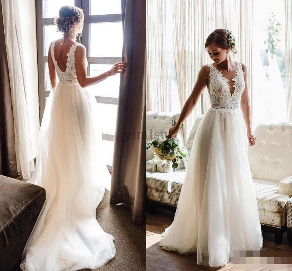 

2020 Newest Lace Applique Wedding Dresses A Line Plunging V Neck Tulle Sleeveless Sweep Train Custom Made Wedding Gown vestido de novia, Ivory