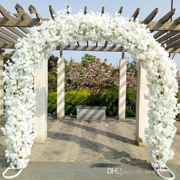 

New artificial flower cherry blossom with metal wedding iron arch stand full cherry blossom +arch shelf DIY window party decor, White+pink(set)
