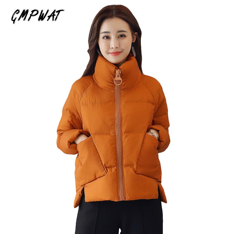 

GMPWAT Winter Casual Stand Collar Thick Jacket Short Solid Zipper Slim Warm Long Sleeve Cotton Coat Jaqueta Feminina Inverno, Black