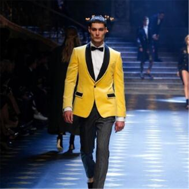 

Latest Coat Pant Designs Yellow Mens Suits 2 Pieces(Jacket+Pant) Shawl Lapel Custom Tuxedo Groom Terno, Beige