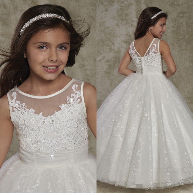 

2020 New Crew Neck Backless Flower Girl' Dresses Lace Appliques Cute Toddler Little Girl' Dresses Princess Button Back Kid, White;blue