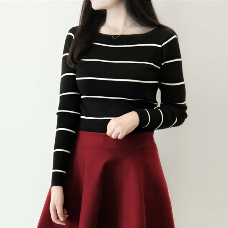 

Winter Knitted Sweater Women Long Sleeve Slim Sweet Top Pull Femme Striped Tight Jumper Sweaters Hot, Black