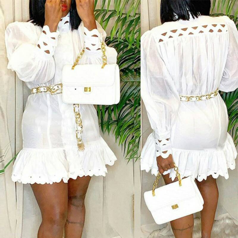 

Autumn 2019 sexy women's dress frilly neckline frilly skirt dress, White