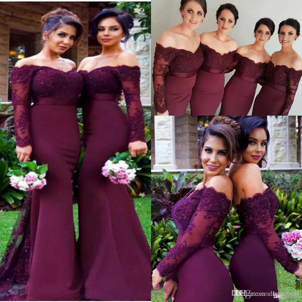 

2020 Cheap Burgundy Beads Mermaid Bridesmaid Dresses Off Shoulder Long Sleeve Lace Appliques Custom Made Bridesmaids Gowns Wedding Party