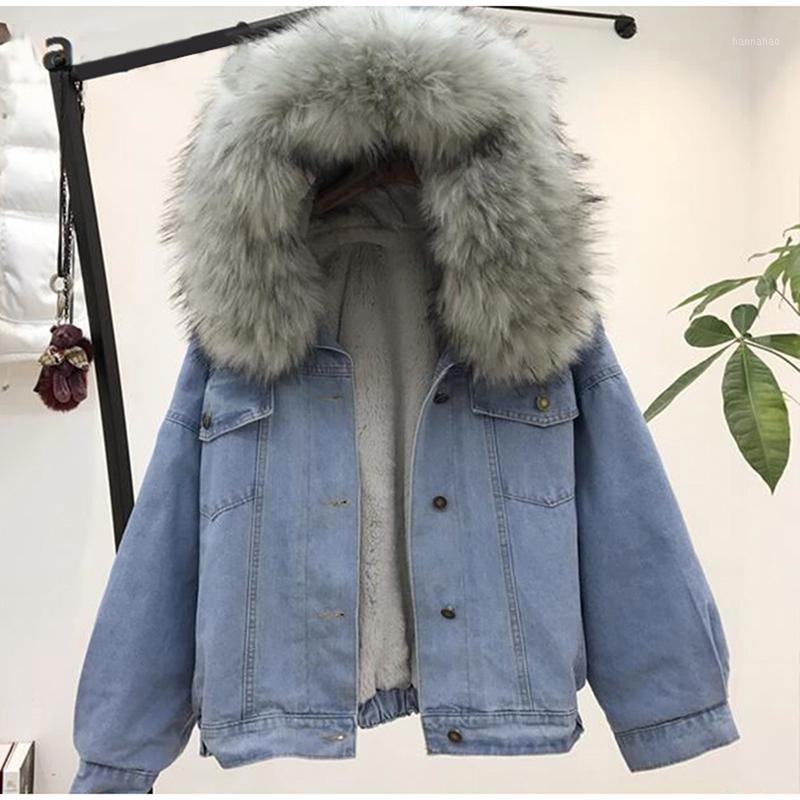 women jean jacket Winter Thick Jean Jacket Faux Fur Collar Fleece Hooded Denim Coat Female Warm Denim Outwea1