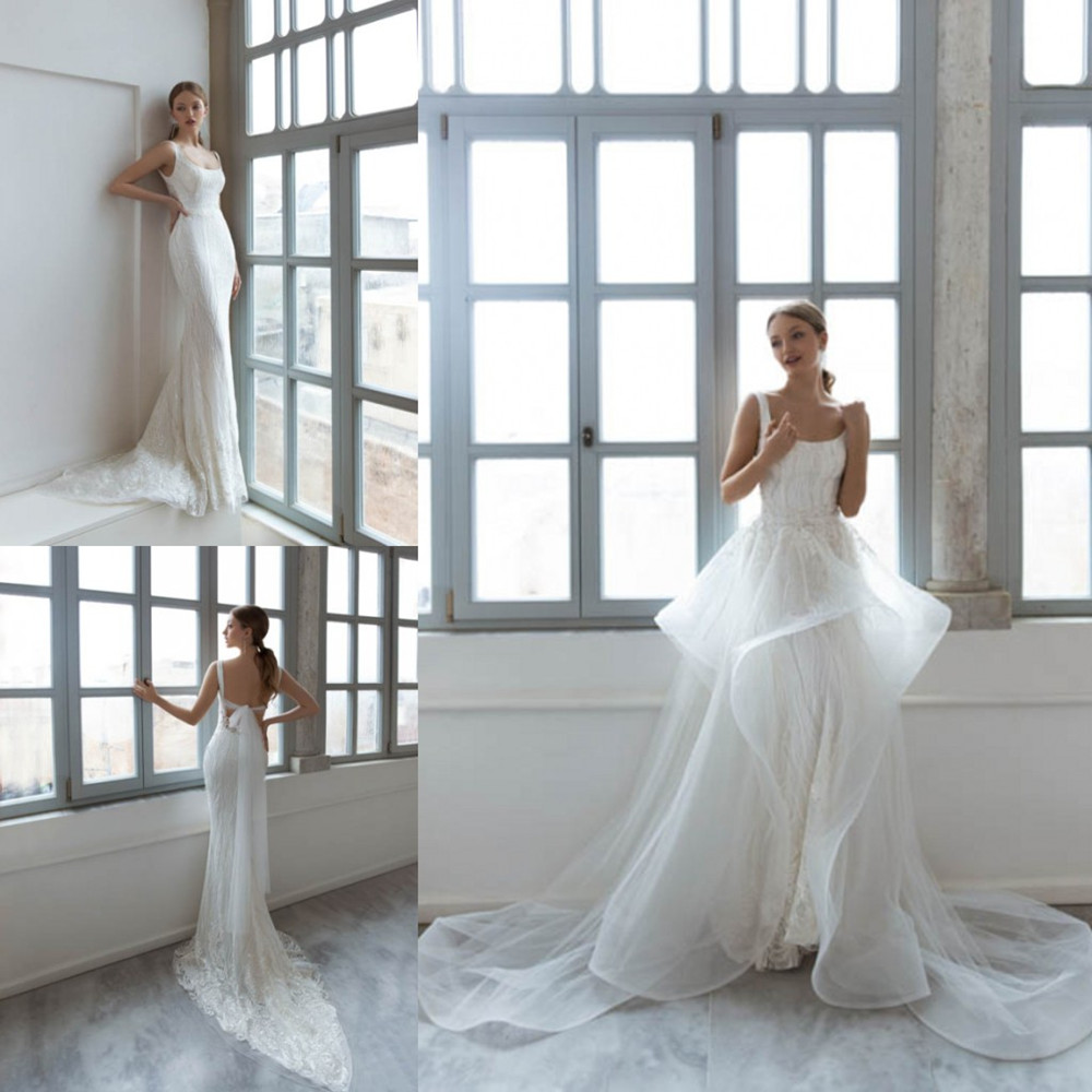 

Daria Karlozi Mermaid Wedding Dresses Scoop Lace Appliques Beading Bridal Gowns 2020 Custom Made Backless Sweep Train Wedding Dress, Ivory