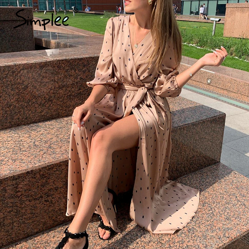 

2020 new Simplee Polka dot women wrap dress Elegant puff sleeve a line v neck sash party dress Wrap work wear streetwear retro maxi dress, As the picture