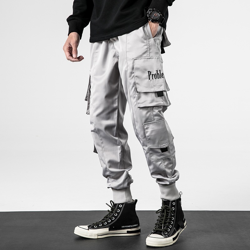 

Cargo Pants Men Multi-pocket Mens Pants Elastic Waist Harem Pant Hip Hop Casual Loose Ankle-Length, Black