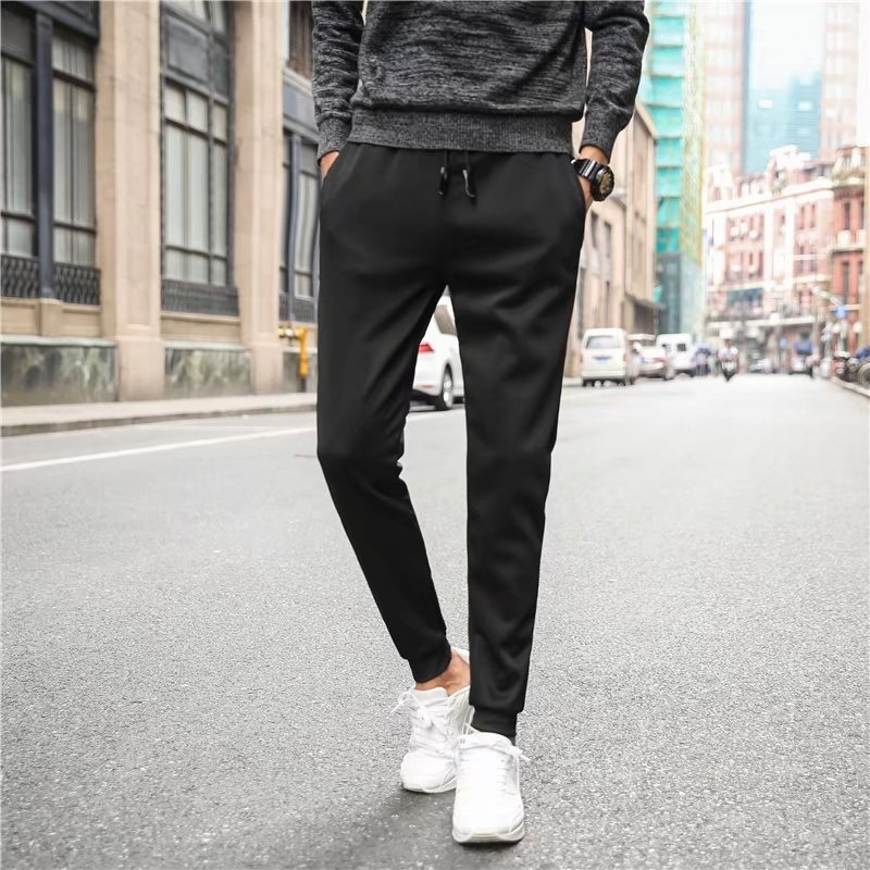 

Thin Casual Men's Trousers Youth Slim Fit Men's Trousers Korean-style Elasticity Leather Tip with Drawstring Casual Pants, Leather rope black