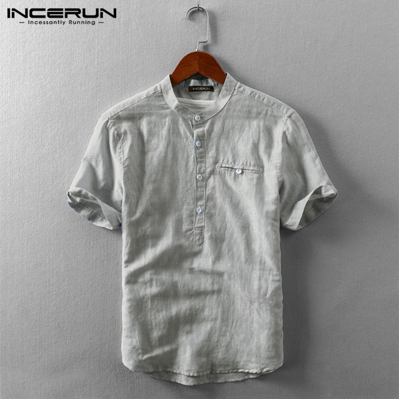 

INCERUN 2020 Men Striped Shirt Short Sleeve Stand Collar Summer Cotton Streetwear Camisa Breathable Harajuku Brand Casual Shirts, Black shirt