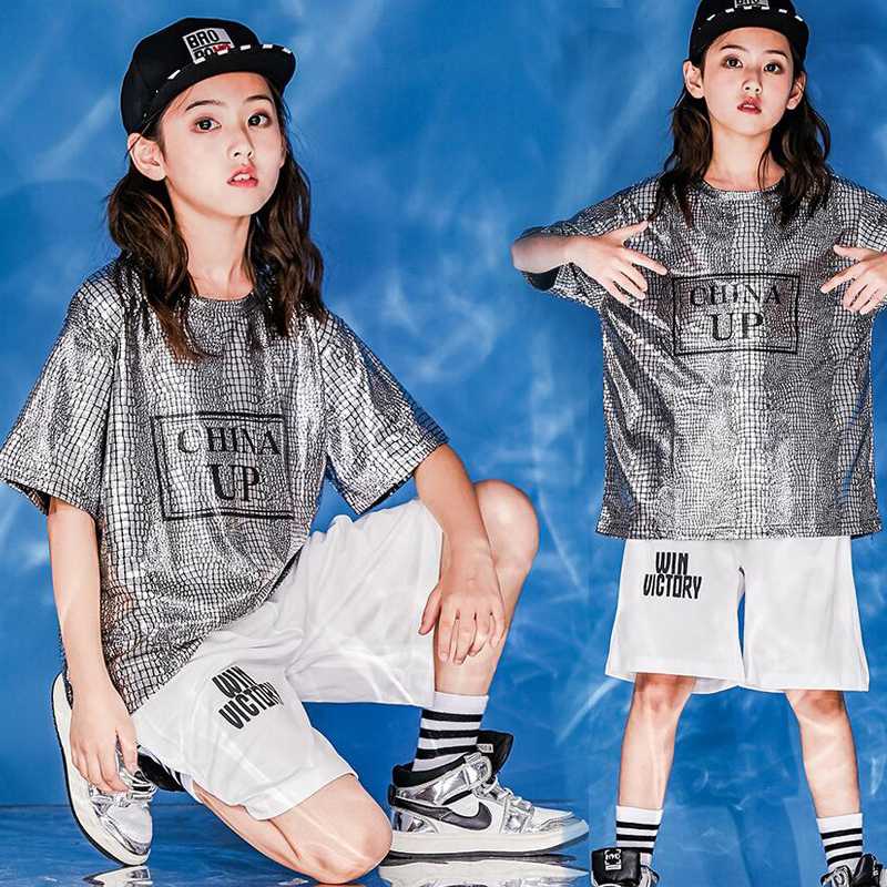 

Kids Carnival Cool Hip Hop Clothing Sequined Tops T Shirt Short pants for Girls Jazz Dance Costume Clothes street Wear, White short pants