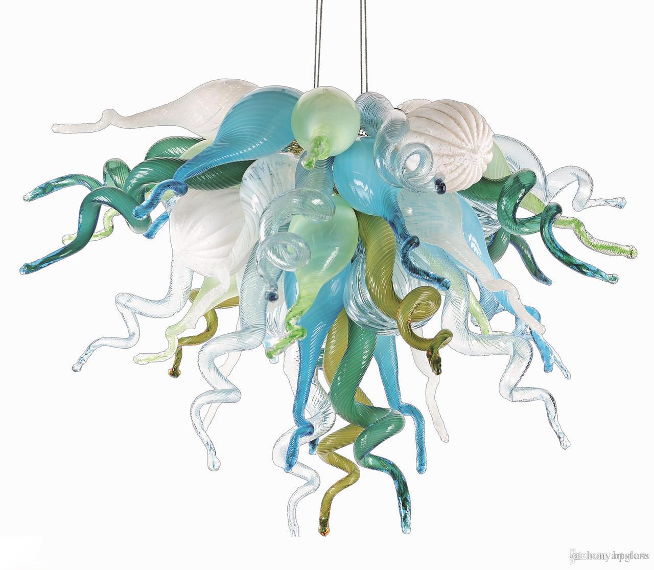 

New Arrival Modern Murano Glass Aqua Blue Amber Multicolor 20inches LED 100% Hand Blown Glass Pendant Chandeliers