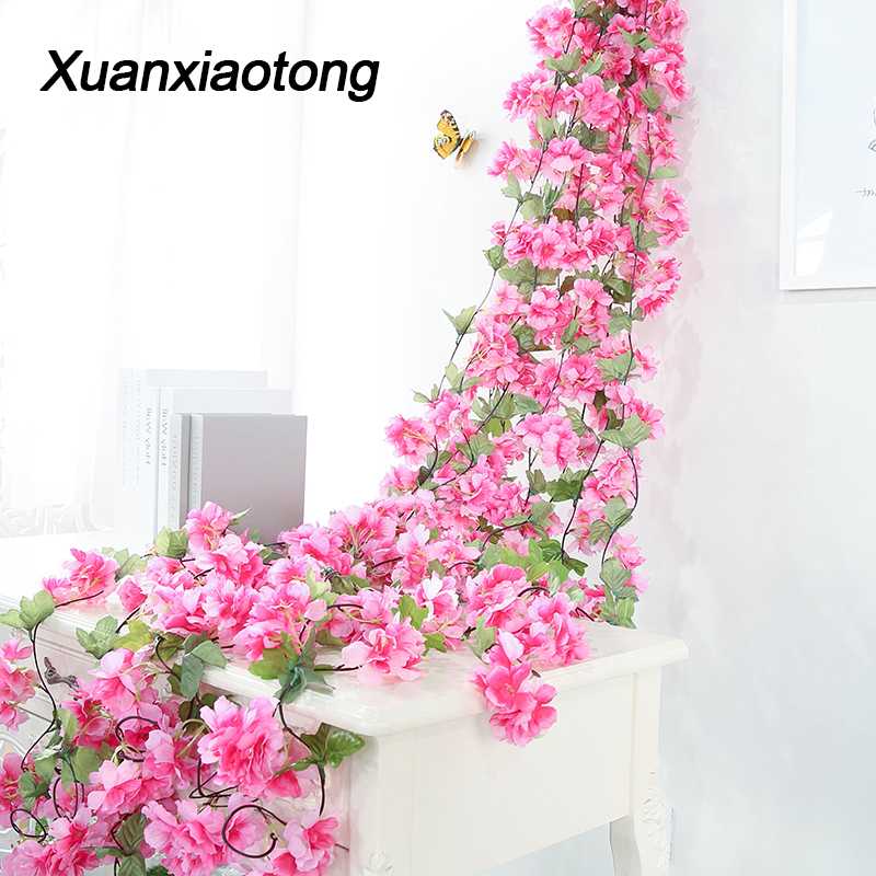 

180cm Silk Sakura Artificial Flowers Vine Cherry Blossom Wedding Arch Decoration Home party Rattan Wall Hanging Garland Wreath, 235cm pink