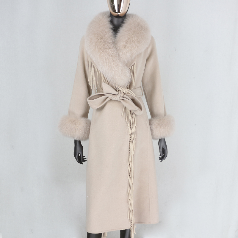 

FURBELIEVE 2020 X-long Tassel Cashmere Wool Blends Real Fur Coat Winter Jacket Women Natural Fur Collar and Cuffs Streetwear, Beige