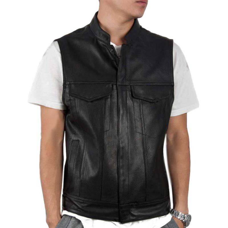 

MISSKY Men Vest Black Color Rock Waistcoat Motorcycle Vest Jacket Stand-up Collar Leather Male Coat New