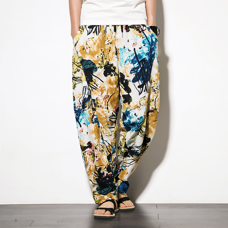 

Plus Size Men Print Flower Pencil Pants Ethnic Style Cotton Linen Full Length Trousers Summer Lightweight Male Streetwear Pant, Style b