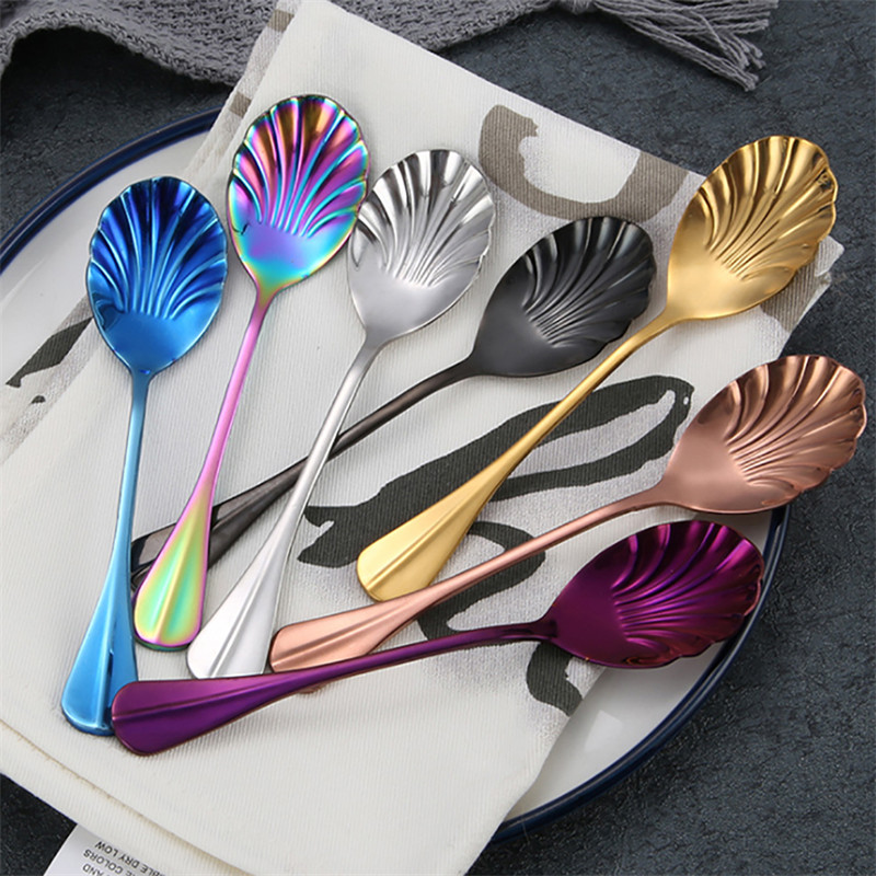 

Multicolor Stainless Steel Coffee Spoon Shell Dessert Ice Cream Drinking Tools Kithenware Mixing Scoop Western Dinner Suit