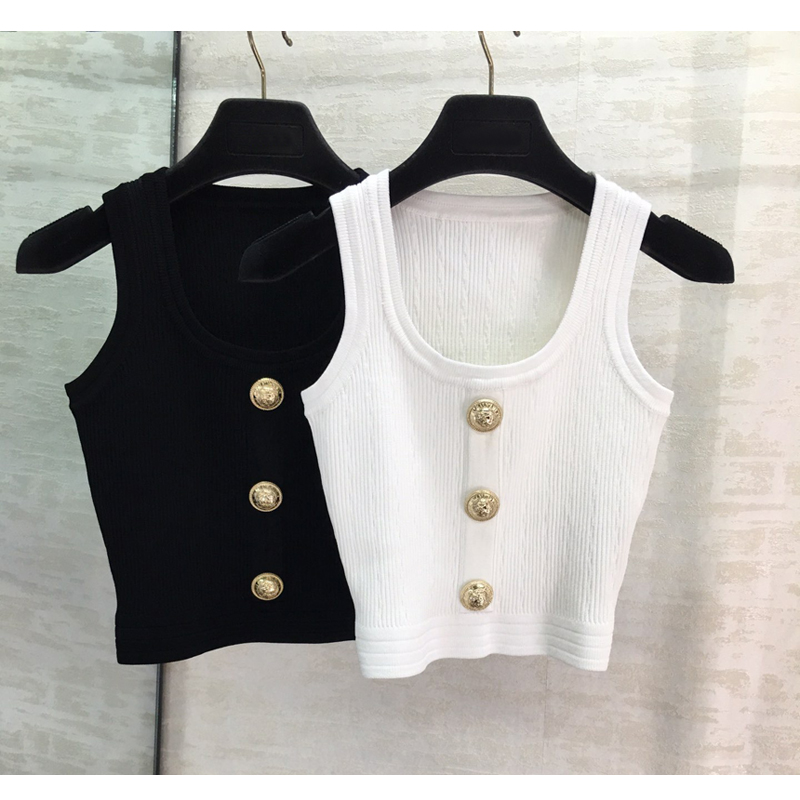 

1.18 2020 Early Spring New European O-neck Single Breasted Sleeveless Knitted Elastic Slim Short Crop Top Tanks, Black