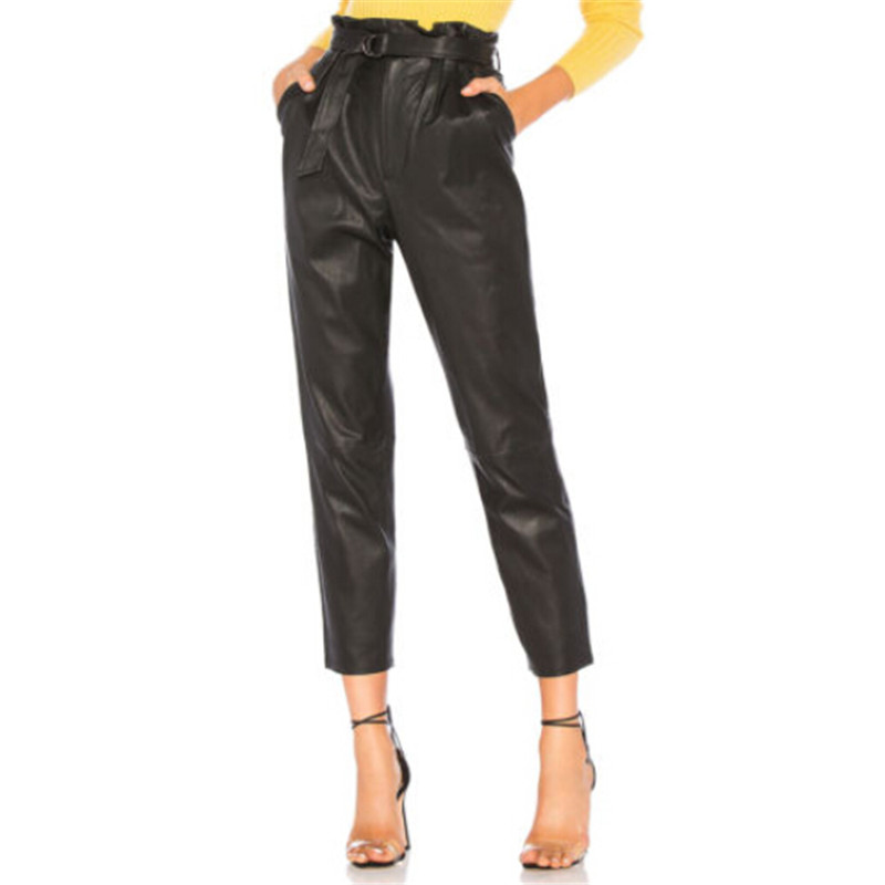 

Women arrival Sexy Black Pants With Belt Hot Sale Ladies Slim Pu Leather Trousers Wet Look High Waist Stretch Slim Pencil Pants