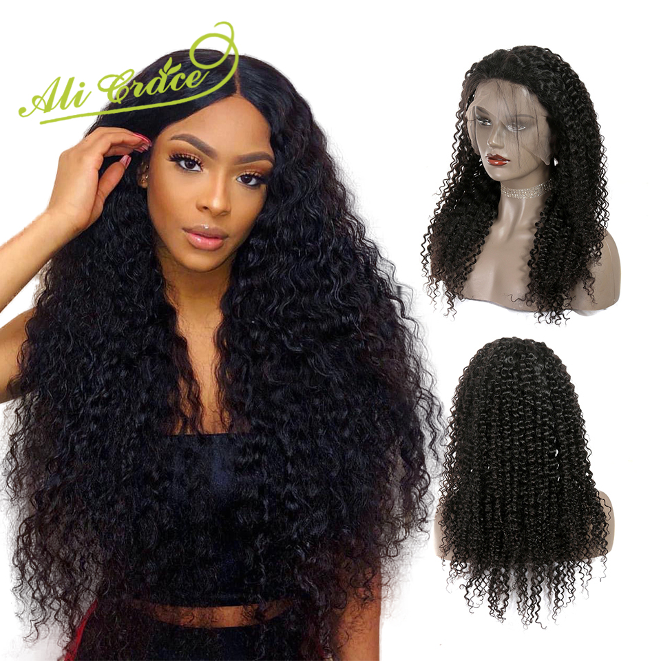 

Ali Grace Human Hair Wigs Malaysian Kinky Curly 360 Lace Front Wigs Pre Plucked 250% Density With Baby Hair Natural Color Wigs, Black