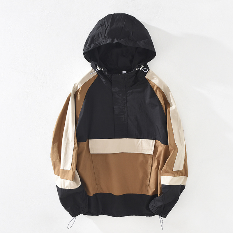 

2020 Men Jackets Autumn Spring Casual Coats Patchwork Trendy Jacket Male Fashion Drawstring Hooded Outwear Slim Coat Streetwear, Khaki