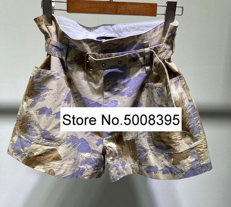 

Woman Beige Painting Print Shorts High Waist Fashion OVERSIZED Shorts waist belt with pockets 2020