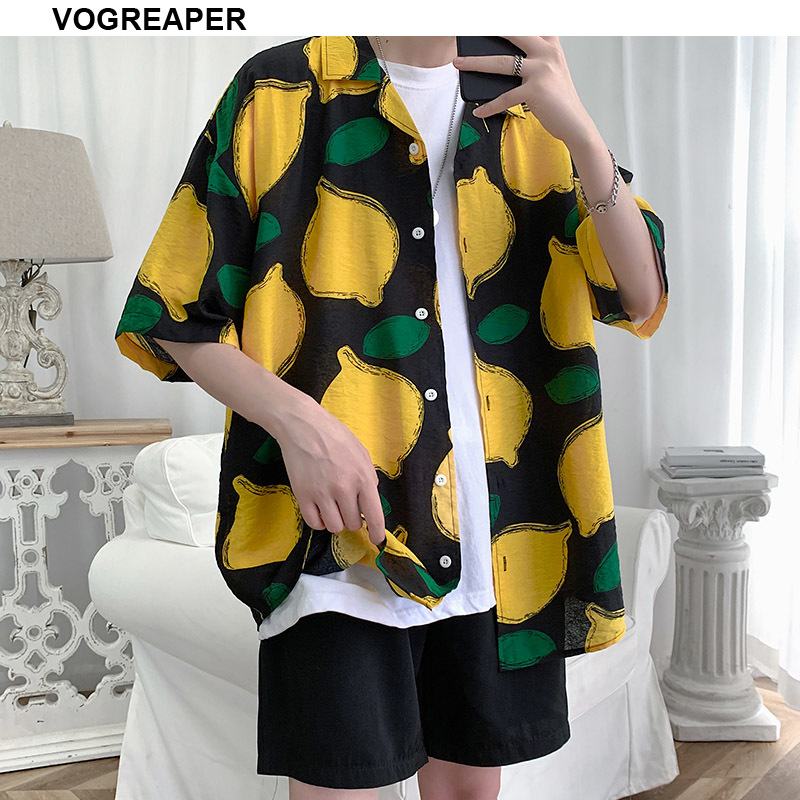 

2020 Summer New Streetwear Korean Fashion Lemon Shirts Men's Harajuku Trend Short Sleeved Loose Casual Shirt -3XL, Black
