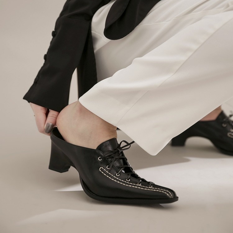 

Vintage Block Heel Mules Square Toe White Black Leather Lace Up Baroques Ladies Shoes