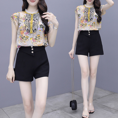 

Fashion Chiffon Vintage Two Piece Women 2020 Korea Print Outfits For Woman Lace Ruffles Yellow Short Sets, Green