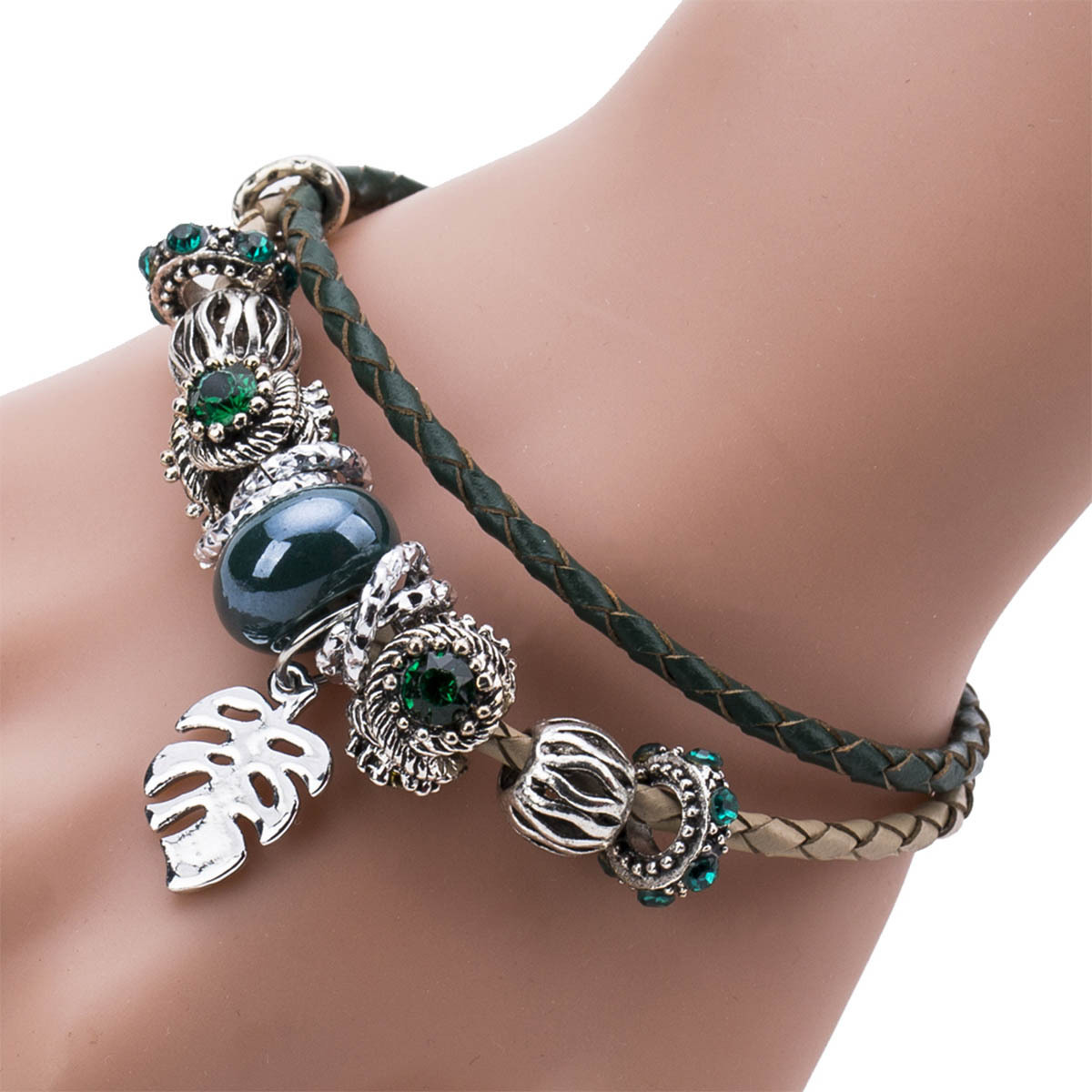 

EH8104 exaggerated alloy bracelet Diamond leaf leather rope female multi-layer weaving