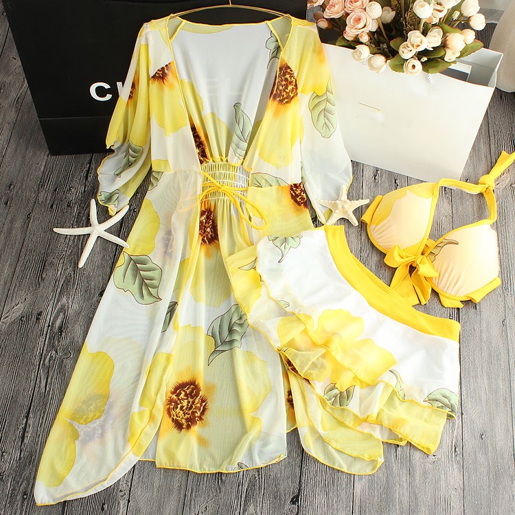 

2020 New Sexy Bikinis Women Floral Printed Dress Swimsuit Underwire Bathing Suits Halter Top Push Up Bikini Set Beach Swimwear, Yellow