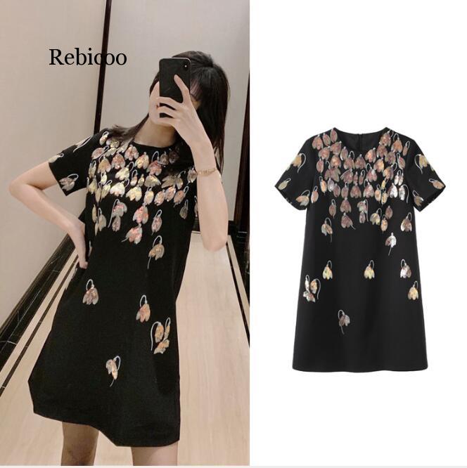 

Summer Luxury Floral Sequins Women Mini Dress Runway Short Sleeve O Neck Lady Party Dresses Vestidos Fashion Clothes, Black