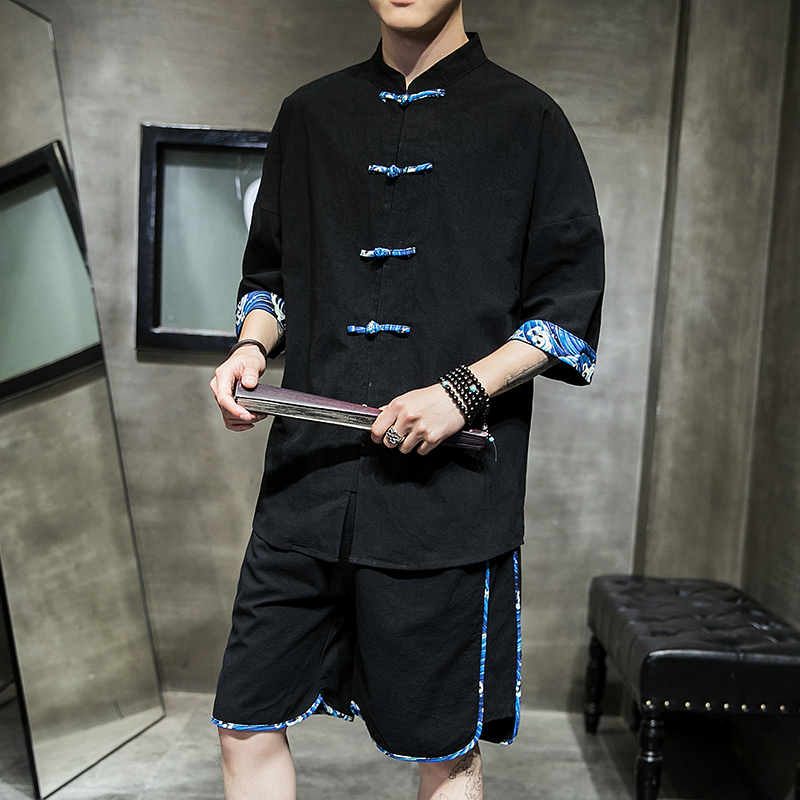 

Retro Chinese style men's wear two-piece set summer pure cotton sea water cliff printing plate buckle five-sleeved shirt, Black