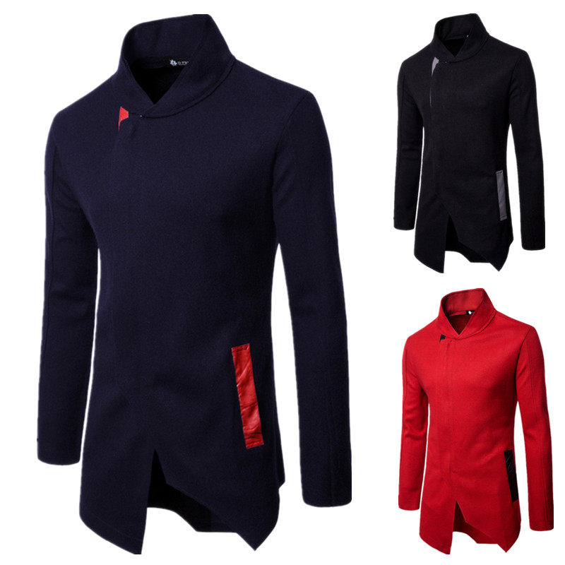 

Fashion Mens Windbreaker Jacket Long Overcoat Men Plus Size 2xl Trench Coat Stand Collar Slim Casual Black Wool Coat Male, Red