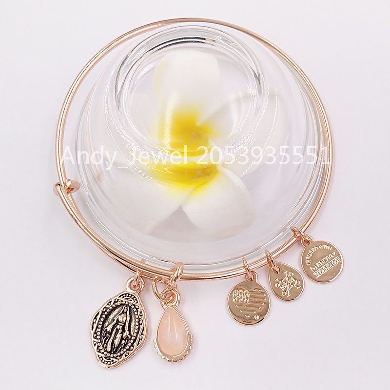 

Authentic 925 Sterling Silver pendants Mother Mary And Rose Quartz Gemstone Duo Charm Bangle Fits European bear Jewelry Style Gift A20EBGA36