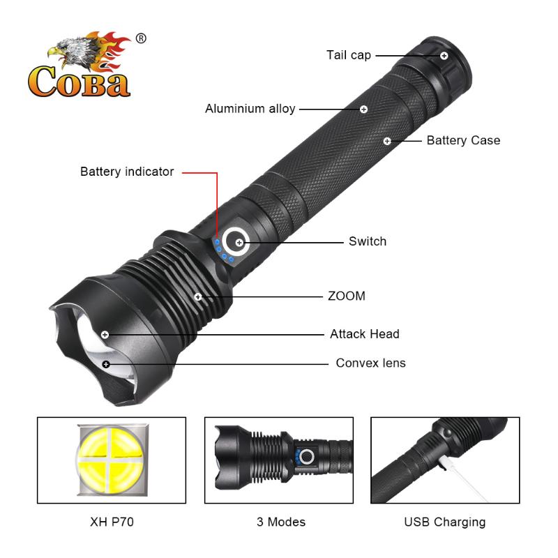 

P70 led 3800LM zoom usb rechargeable 18650/26650 battery super bright waterproof Aluminum alloy Self Defense