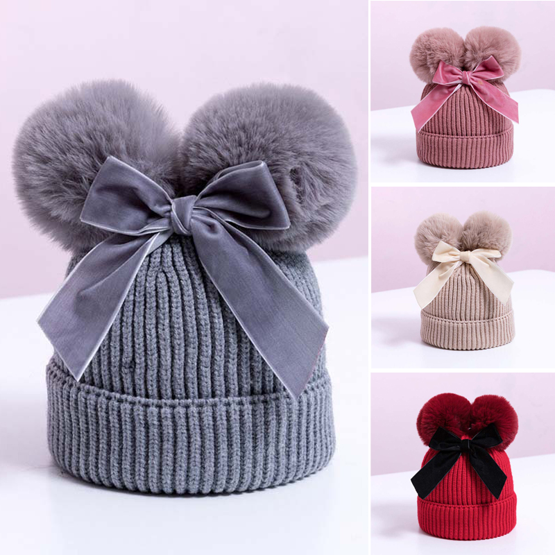 

Double Pompom Cute Bow Baby Hat Winter Knitted Kids Baby Girl Winter Hat Warm Thicker Children Infant Beanie Cap Girls Bonnet, White