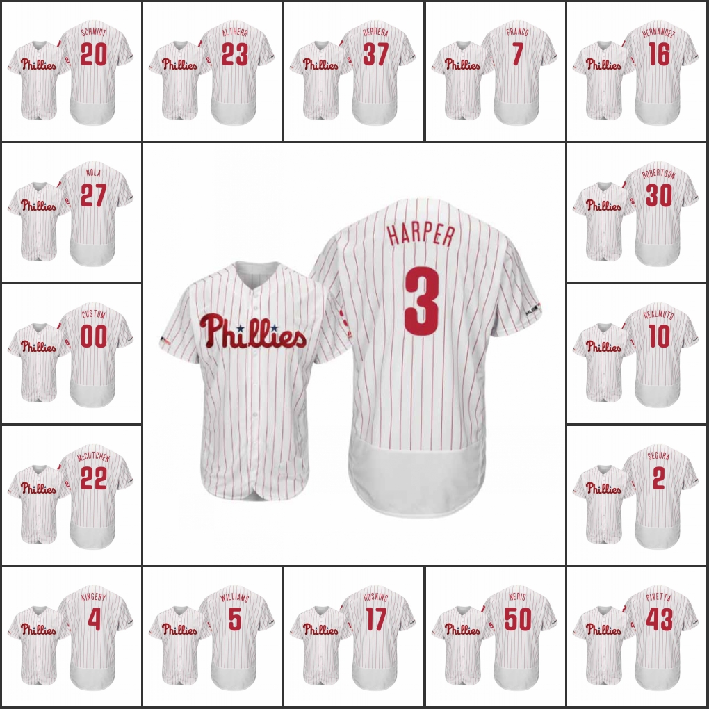 

Philadelphia Phillies Men #3 Bryce Harper 20 Mike Schmidt 50 Hector Neris Women Youth Flex Base Majestic Home Custom Jersey, Black