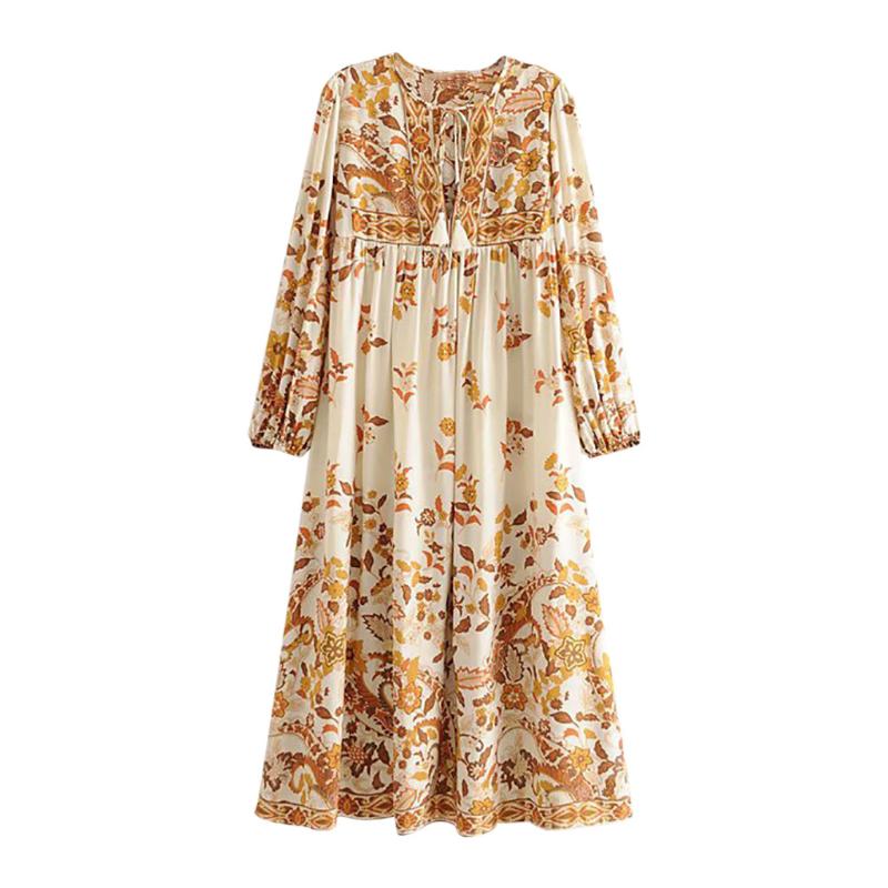 

Bohemian Printed Women' dress Autumn Tassels dresses for women With Wide Bands And Long Swing beach dress vestido de mujer, Yellow