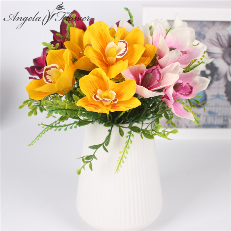 

New 5 heads artificial flower bouquet cymbidium orchid DIY wedding bouquet home party table flower wall accessories orchid 1pc, Orange