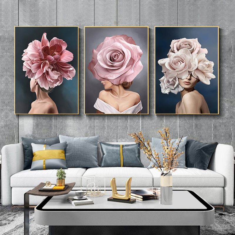 

Pink White Flower Lady Poster Personality Fashion Abstract Woman Print Canvas Art Painting Wall Picture Modern Living Room Decor