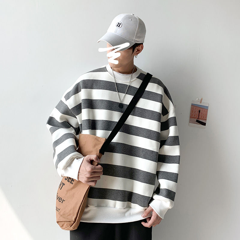 

Autumn Striped Hoodie Men' Fashion Contrast Color Casual Sweatshirt Men Streetwear Wild Loose Hip Hop Pullover Hoodies Mens, Gray