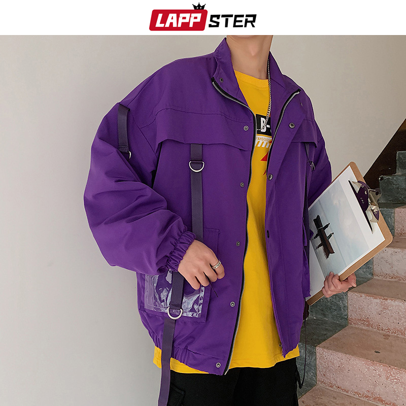 

LAPPSTER Men Ribbons Streetwear Bomber Jackets 2020 Autumn Mens Hip Hop Pocket Jacket Windbreaker Harajuku Purple Jackets Coats, Black