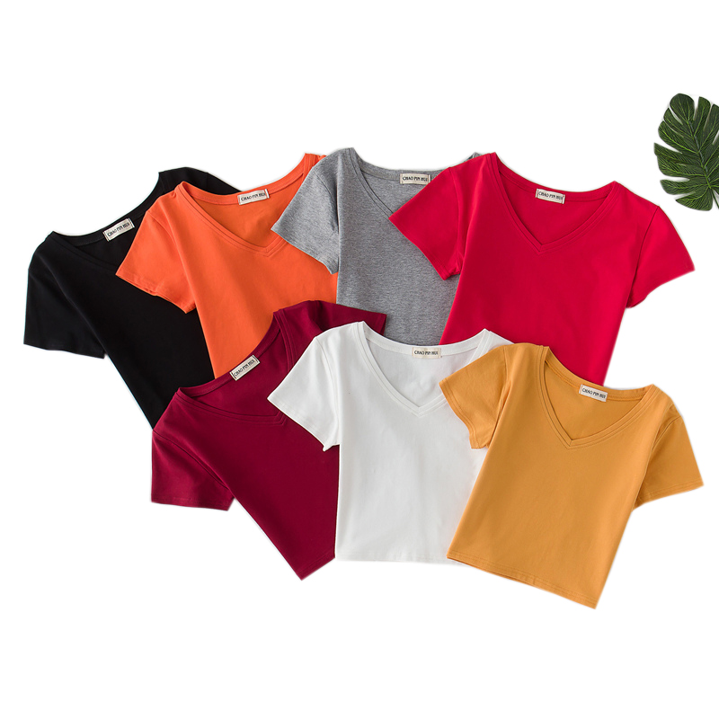 

New Summer Women Best Sell V Neck Sexy Crop Top Ladies Short Sleeve T Shirt Tee Short T-shirt Basic Cotton T-shirts 7 Colors, Black