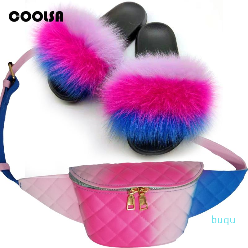 

Hot Sale- Women Fur Slippers Fannypack Set Fluffy Real Hair Slides Furry Sandals Ladies Rainbow PVC Jelly Wallet Travel Shoes Bag Set