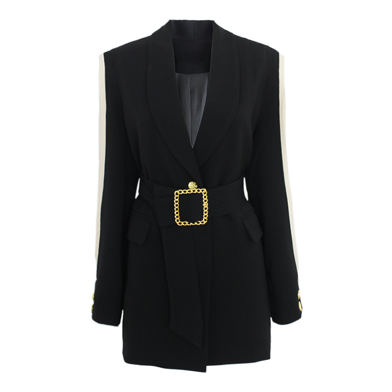 

Paris GirlWomen Blazer Feminino Metal Gold Buckle Belt Black Blazers Femme Fashion Ladies Jacket Coat Outwear Mujer High Quality