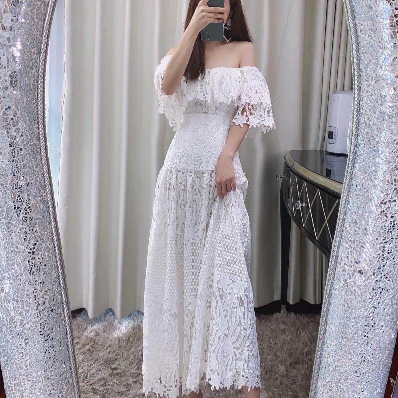 

Sexy Off The Shoulder White Hollow Out Lace Party Long Dresses Women Summer High Quality Embroidery Runway Dress Female, Blanco