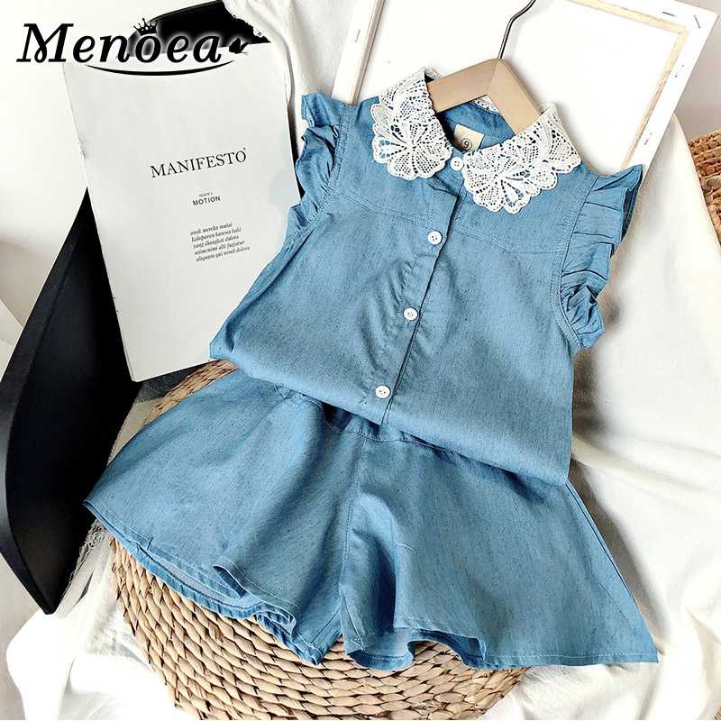 

Menoea 3 7Y Girls Demin Clothing 2020 New Kids Sleeveless Shirt and Pants 2PCS Girl Lace Design Solid Outfit Soft Summer Clothes, Ah407 yellow